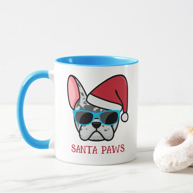 Caneca Feliz Papai noel Azul Merle Frenchie Natal (Com Donut)