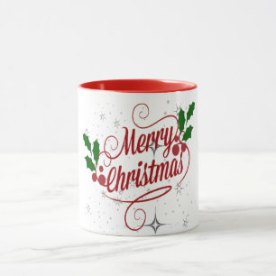 Caneca Feliz pardal de Natal e texto vermelho brilhante