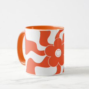 Caneca Feliz Retro Daisy em Laranja e Branco