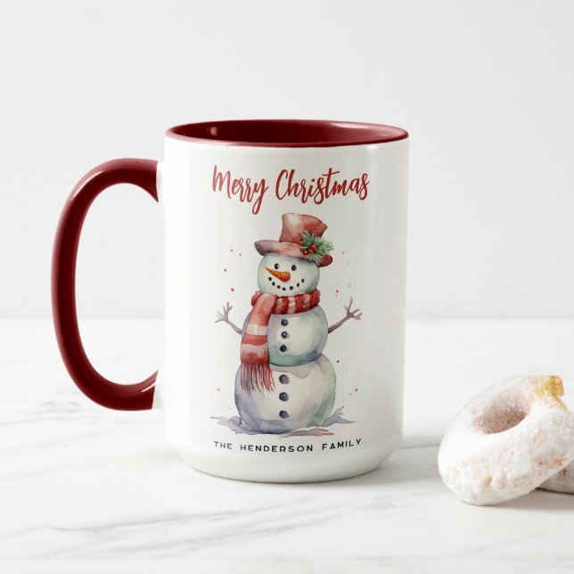 Caneca Feliz Snowman Feliz Natal Nome da Família Personal (Com Donut)