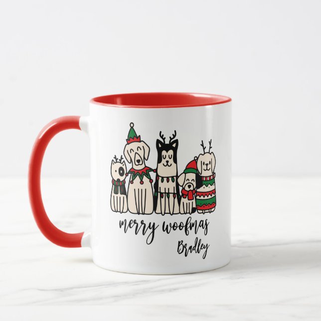 Caneca Feliz Woofmas - Cães Fofos - Nome Personalizado de (Esquerda)