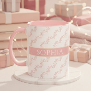 Caneca feminino Monograma Floral Rosa e Dourado Personali