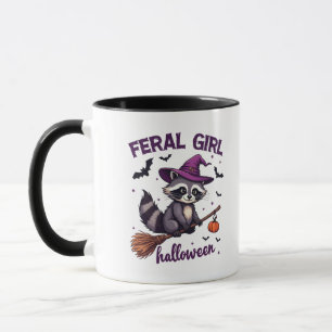Caneca Feral Girl Halloween Spooky Raccoon Witch Gift