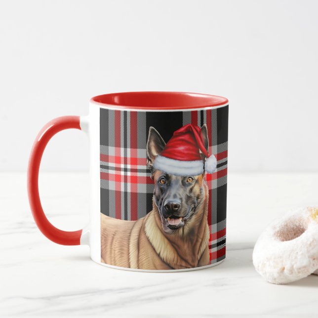Caneca Feriado Belga Malinois Belga da Xadrez Vermelha de (Com Donut)