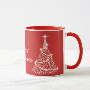 Caneca Feriado de Árvore de Natal Dourada e Branca com Es