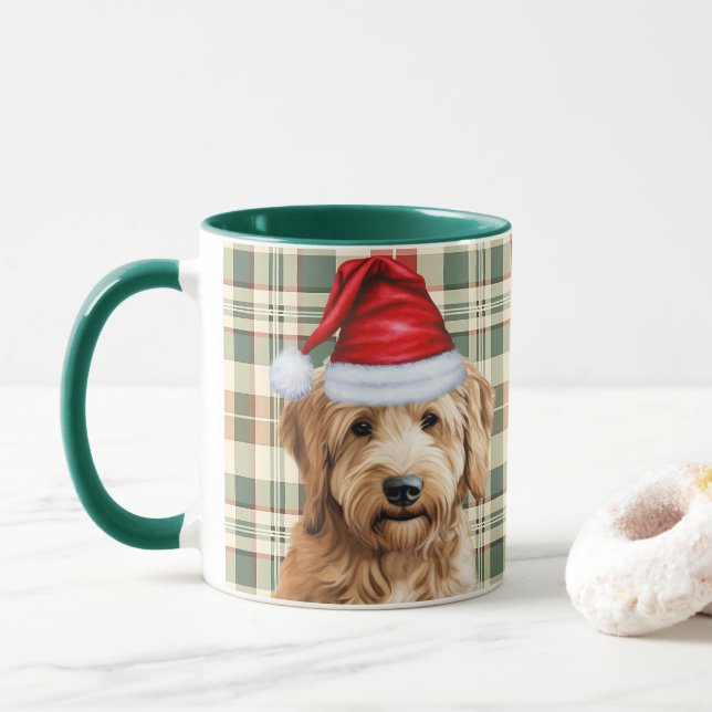 Caneca Feriado de Goldendoodle, Xadrez Verde Vermelha do  (Com Donut)