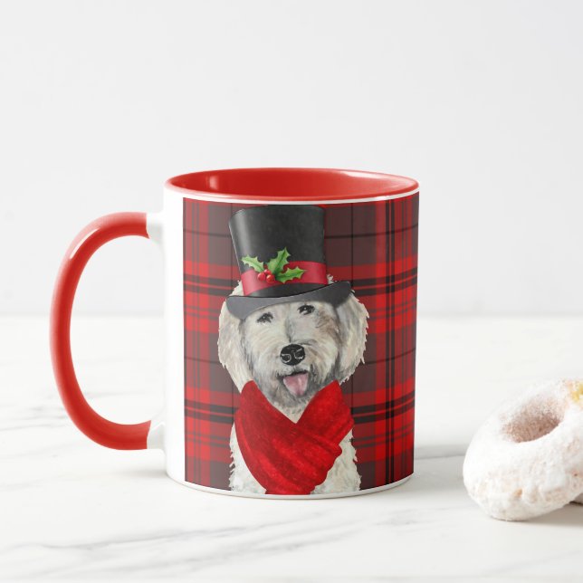 Caneca Feriado de Labradoodle Amarelo Xadrez do Cão Lover (Com Donut)