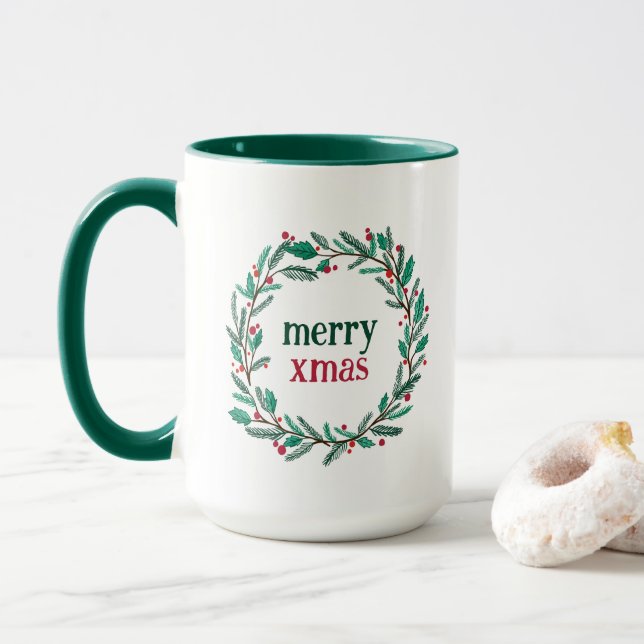 Caneca Feriado de Natal Feliz Desenhado na Mão Fria (Com Donut)