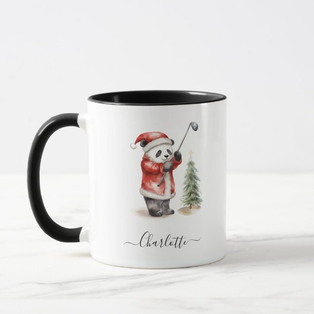 Caneca Feriado de Natal Feliz Panda Jogando Golfe (Esquerda)
