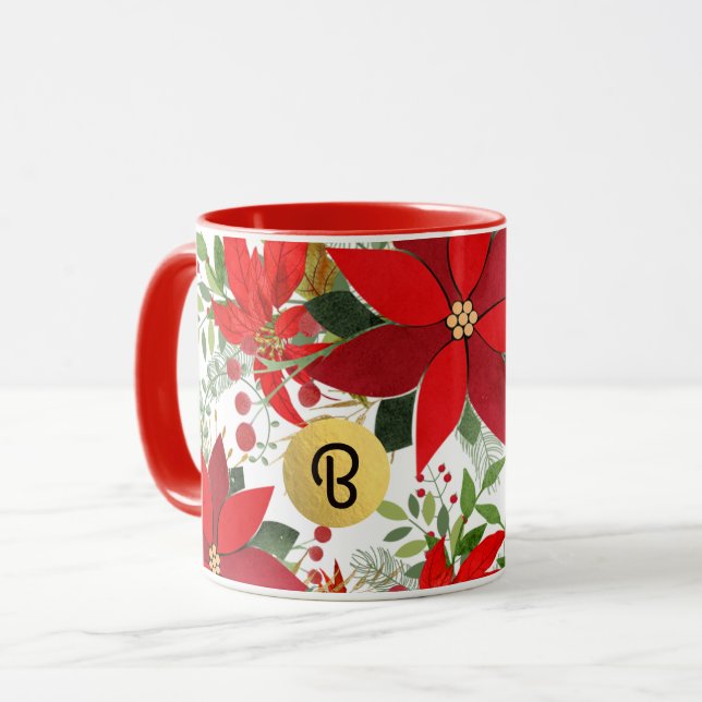 Caneca Feriado de Poinsettia Dourada Vermelha de inverno  (Frente Esquerda)