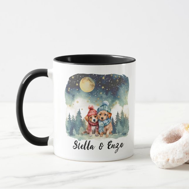 Caneca Feriado Natal Lua Rústica Cachorro Casal Vermelho  (Com Donut)