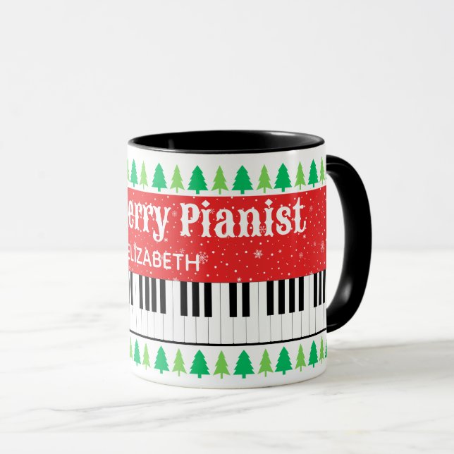 Caneca Feriados de Árvore de Natal Pianista de Uma Feliz (Frente Esquerda)