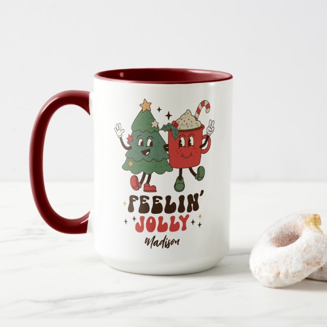 Caneca Feriados de Natal Jolly Feriados Engraçados Nome d (Com Donut)