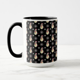 Caneca Férias Felizes Pinguins e Flocos de Neve em Preto