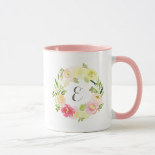 Caneca Ferida Floral Cor de Água Rosa e Amarela   Monogr
