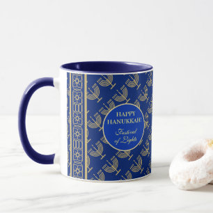 Caneca Festa de Hanukkah Menorah Dourada padrão azul