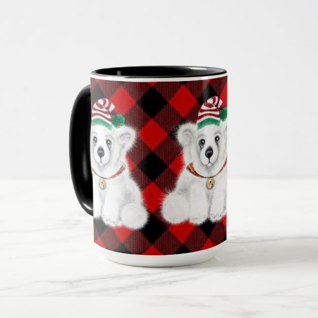 Caneca Festas festivas bonitas xadrez vermelha de urso po (Frente Esquerda)