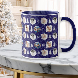 Caneca Festive 4 Photo Collage Navy Blue Christmas
