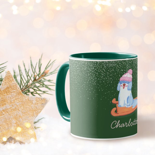 Caneca Festive Old English Sheepdog Name Christmas Green (Criador carregado)