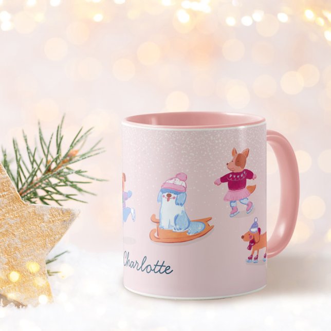 Caneca Festive Winter Cute Ice Skating  Dogs Name (Criador carregado)