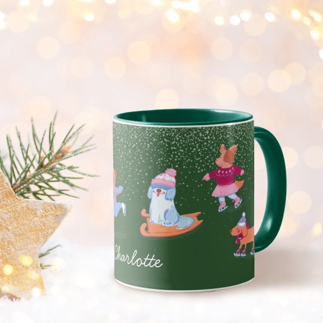 Caneca Festive Winter Iceskating Dogs Xmas Green Name Mug (Criador carregado)