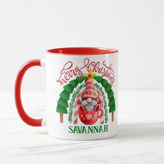 Caneca Festivo Cute Gnomo Feliz Árvore de Natal Rainbow (Esquerda)