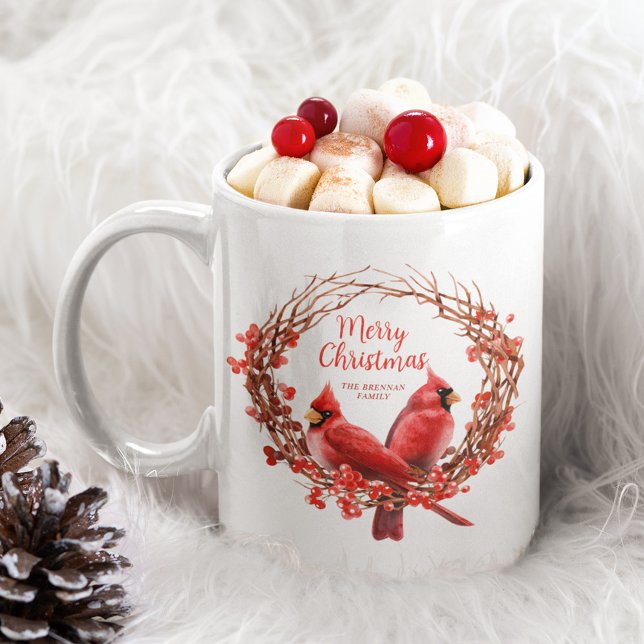 Caneca Festivo Red Cardinho Festivo Wreath (Christmas Wreath Festive Red Cardinal Script Mug)