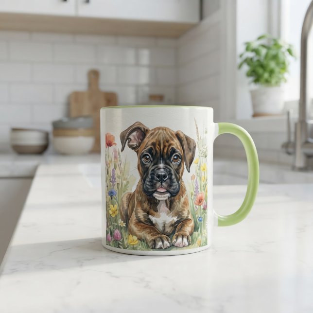 Caneca Filhote de Boxer com Flores em Aquarela (Criador carregado)