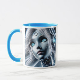 Caneca Fillette androïde au regard bleu perçant.