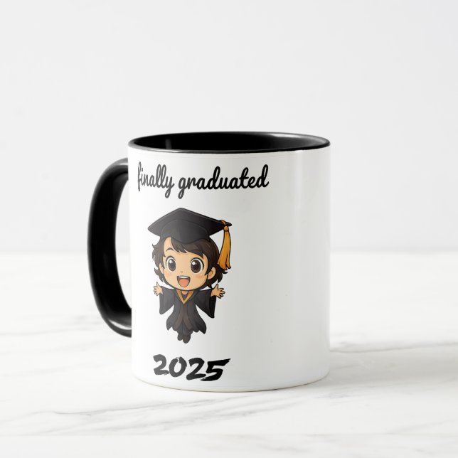 Caneca 🎓 Finalmente Graduado 2025 - Graduação Chibi Cute (Frente Esquerda)