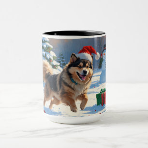 Caneca Finnish Lapphund Correndo na Neve com Chapéu de Na