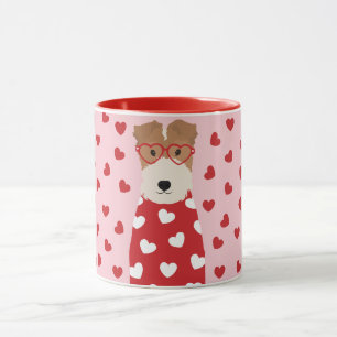 Caneca Fio Fox Terrier Dog Óculos Cardíacos Rosa Vermel