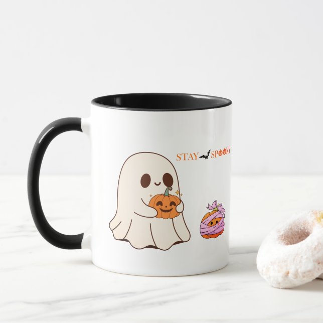Caneca Fique Feliz Fantasma e Pumpkin na Festa de Hallowe (Com Donut)