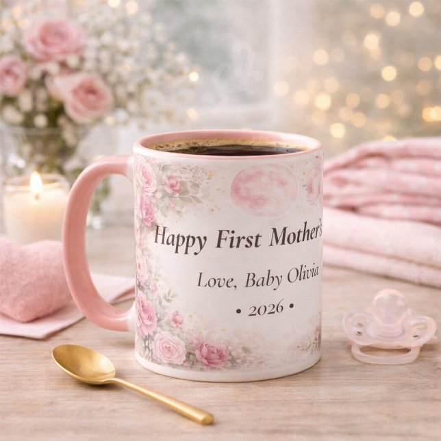 Caneca First Mother’s Day Personalized Floral Rose Pink (Criador carregado)