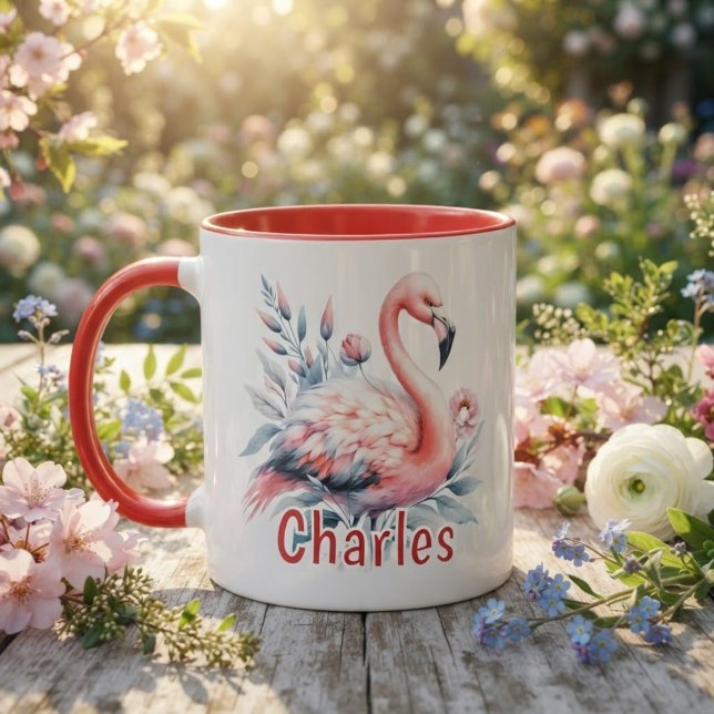 Caneca Flamingo Aquarela Personalizado (Personalized Watercolor Flamingo Mug)