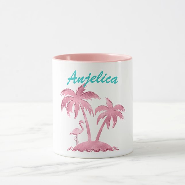 Caneca Flamingo e Palmeiras Retro com Brilho Rosa (Centro)