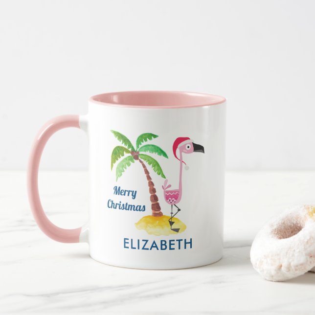 Caneca Flamingo rosa no Natal tropical do Red Santa Hat (Com Donut)