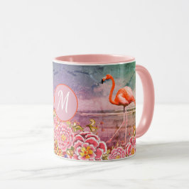 Caneca Flamingo Tropical em Praia, Flores Rosa, Monograma