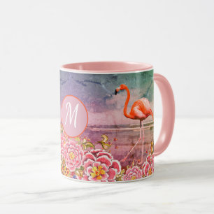 Caneca Flamingo Tropical em Praia, Flores Rosa, Monograma