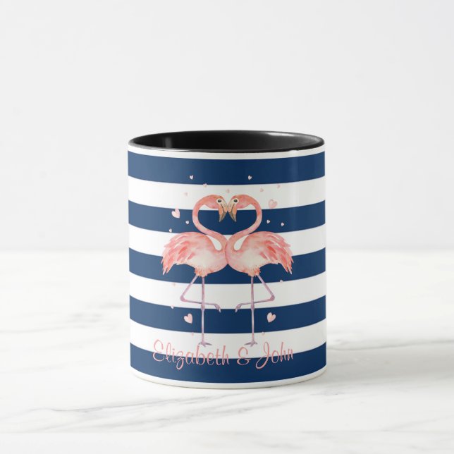 Caneca Flamingos Rosa Apaixonados,Listras Azul-Marinho (Centro)