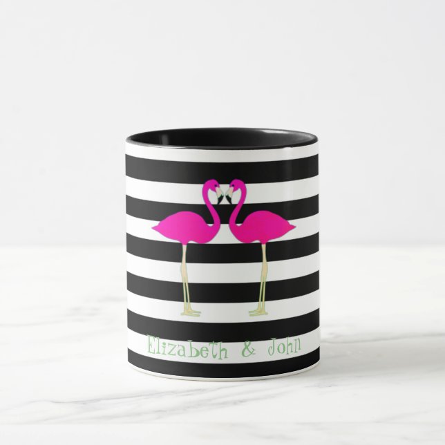Caneca Flamingos Rosa,Listras Pretas e Brancas,Personaliz (Centro)