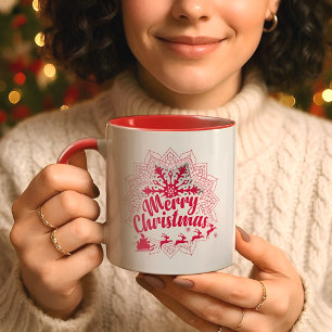 Caneca Floco de Neve Mandala Vermelho & Trenó de Papai No