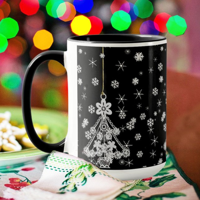 Caneca Flocos de neve de árvore de Natal branco ornamenta (Criador carregado)