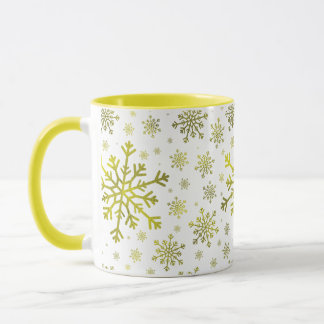 Caneca Flocos de neve de Natal Amarelo e Bonitos em Branc