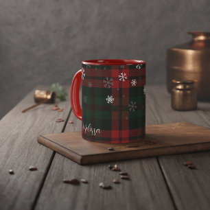 Caneca Flocos de neve de Natal xadrezes, vermelhos e verd