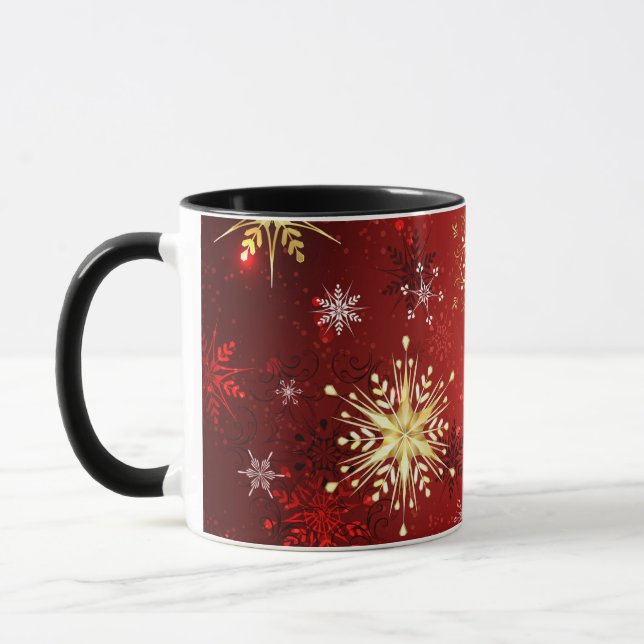 Caneca Flocos de neve do Ouro de Natal em Fundo Vermelho (Esquerda)