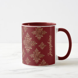 Caneca Flocos de Neve em Faux Dourado Sobre Vermelho (Não