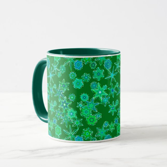 Caneca Flocos de neve geométricos modernos em Emerald Gre (Frente Esquerda)