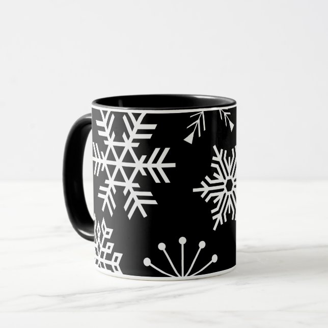 Caneca Flocos de neve na Copa de Arte Feriada Negra (Frente Esquerda)