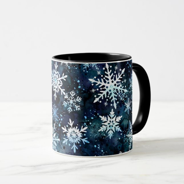 Caneca Flocos de Neve Profundo Azul Mágico Noturno de Inv (Frente Esquerda)